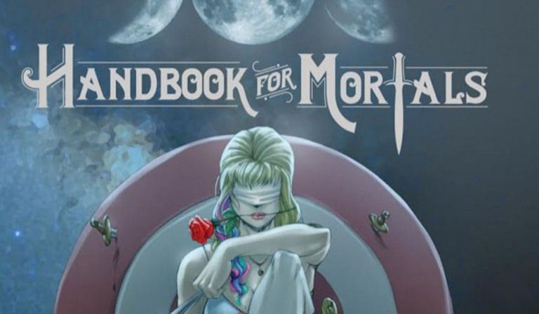 Cover of "Handbook for Mortals," showing a blindfolded woman with a rose in her mouth