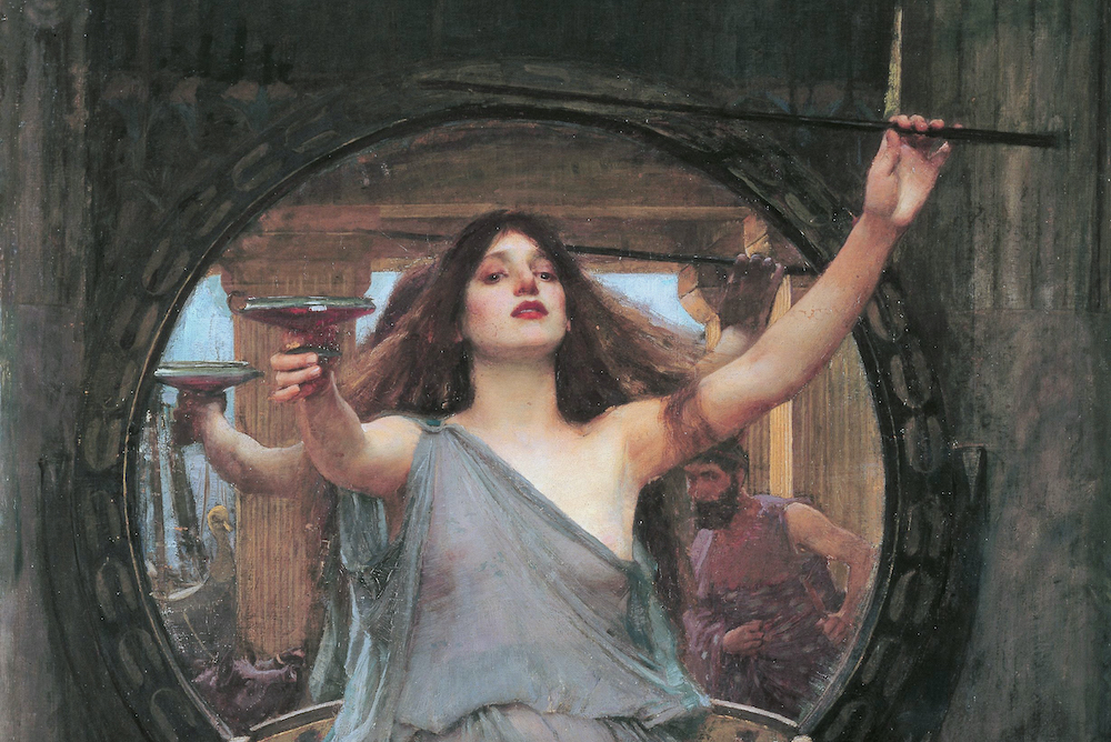Painting of Circe in classical dress holding a sword and cup