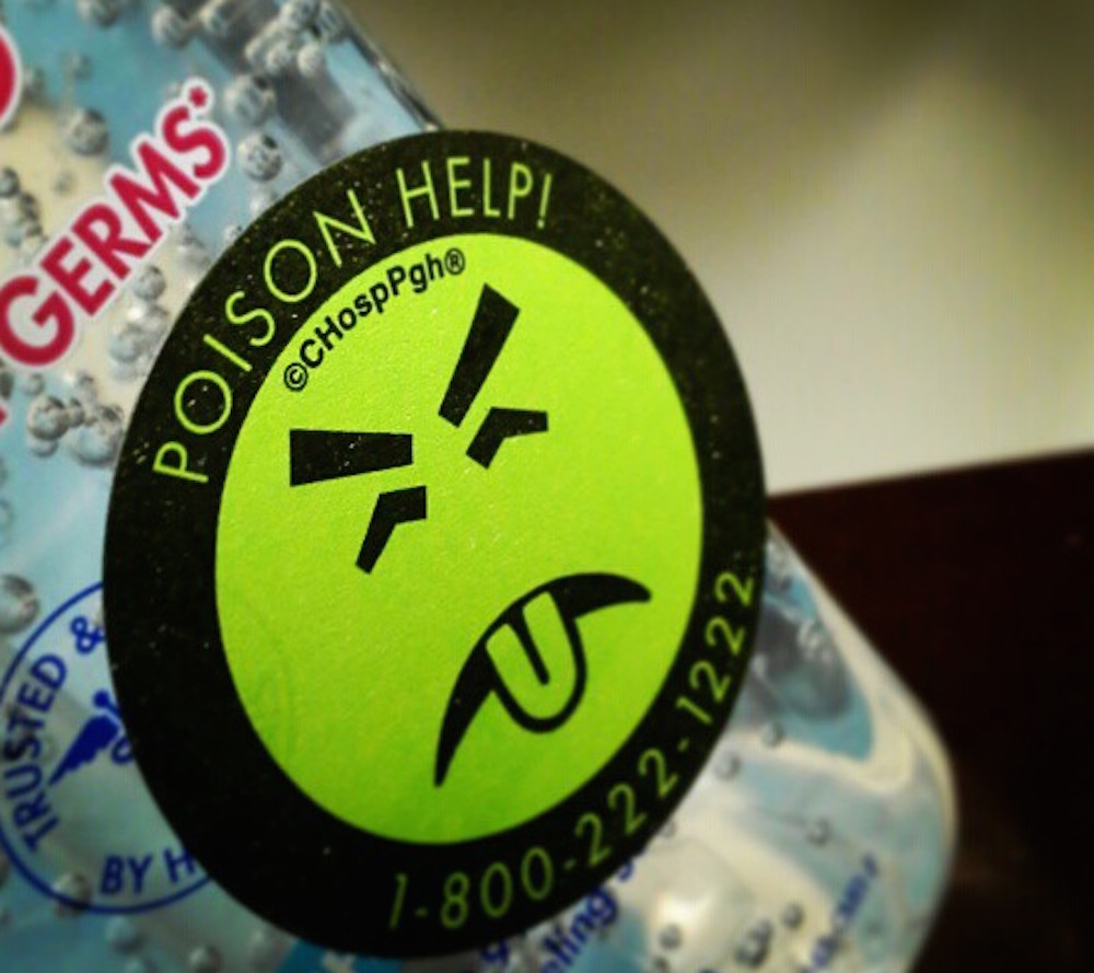 Poison sticker with green "yuck" face