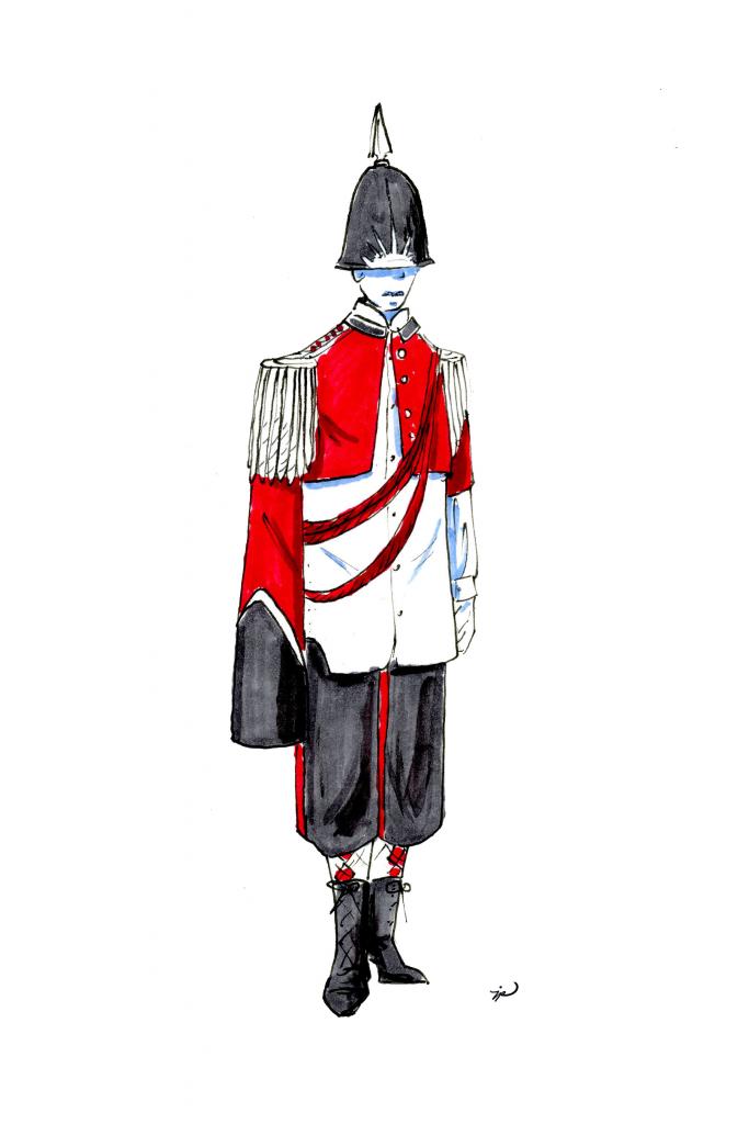 Fashion illustration of a thin white man who could very plausibly be Benedict Cumberbatch wearing an ornate 19th-century military uniform
