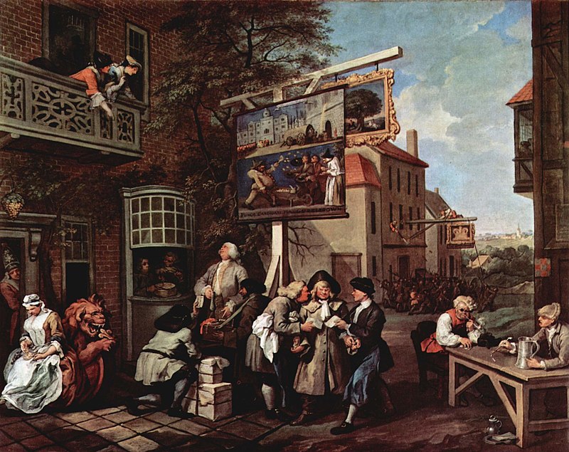 William Hogarth's "Canvassing for Votes," a painting showing opposing politicians both trying to bribe the same man