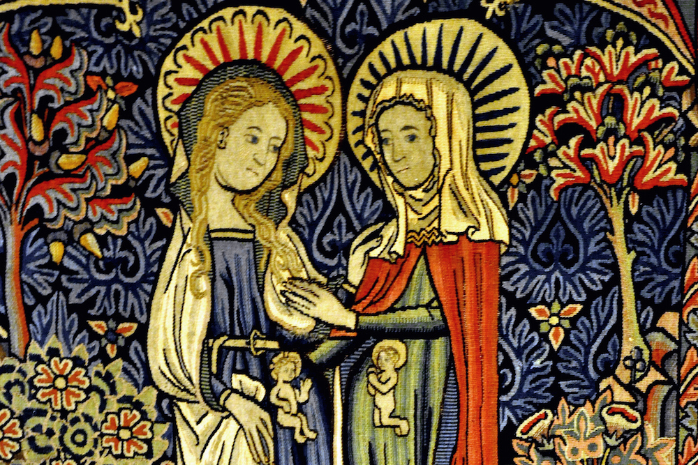 Two pregnant women in a medieval tapestry