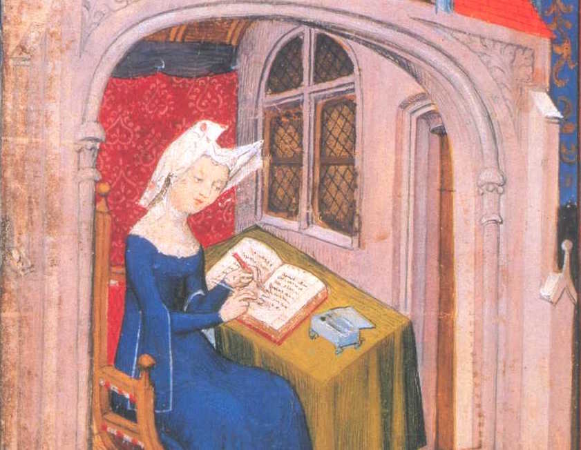Medieval painting of woman writing
