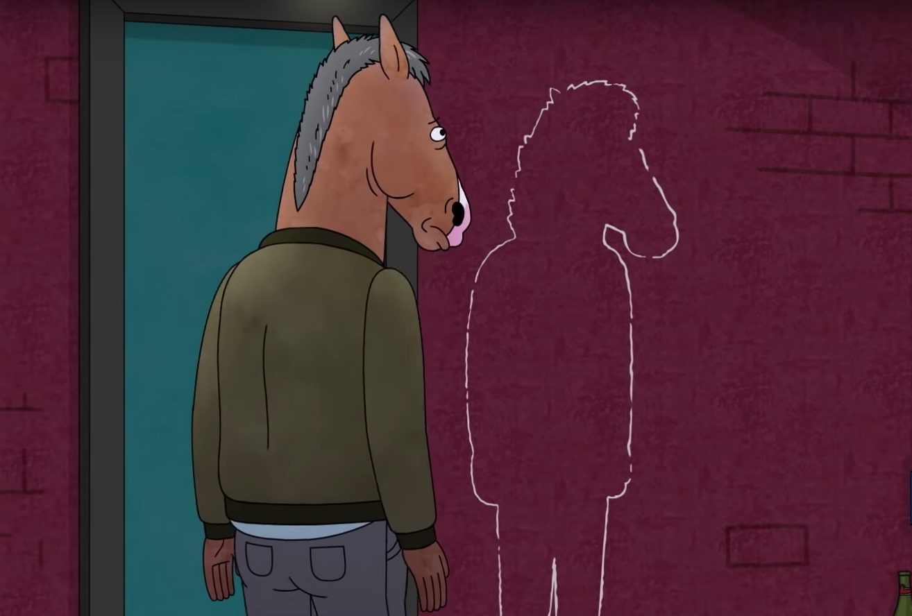 BoJack looks at a chalk outline in the shape of himself