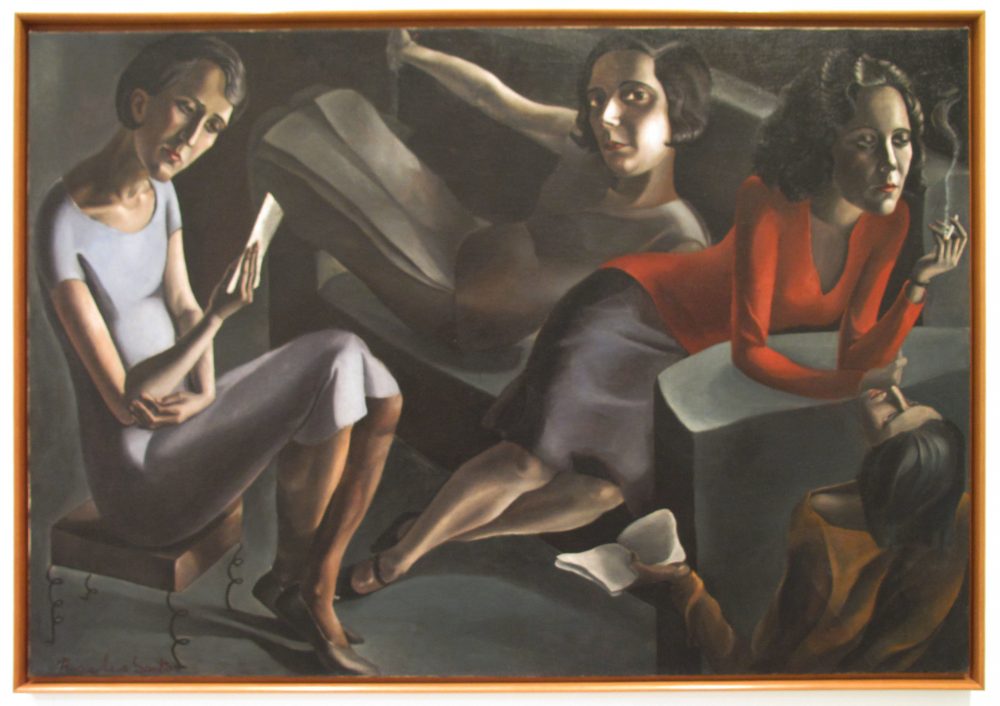 Painting of four women lounging on couches, some reading
