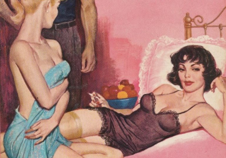 Pulp novel cover showing two women lounging on a bed