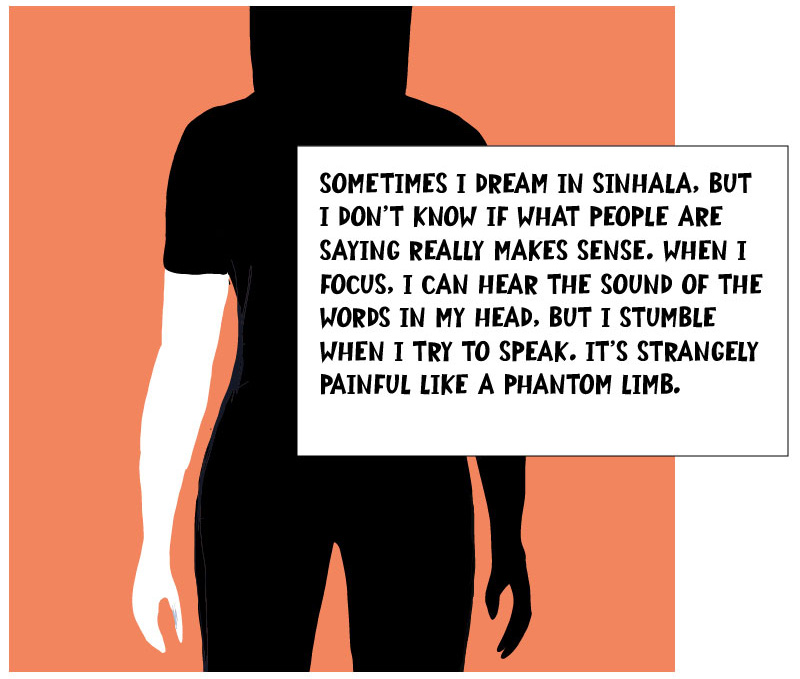 Sometimes I dream in Sinhala, but I don't know if what people are saying really makes sense. When I focus, I can hear the sound of the words in my head, but I stumble when I try to speak. It's strangely painful like a phantom limb.