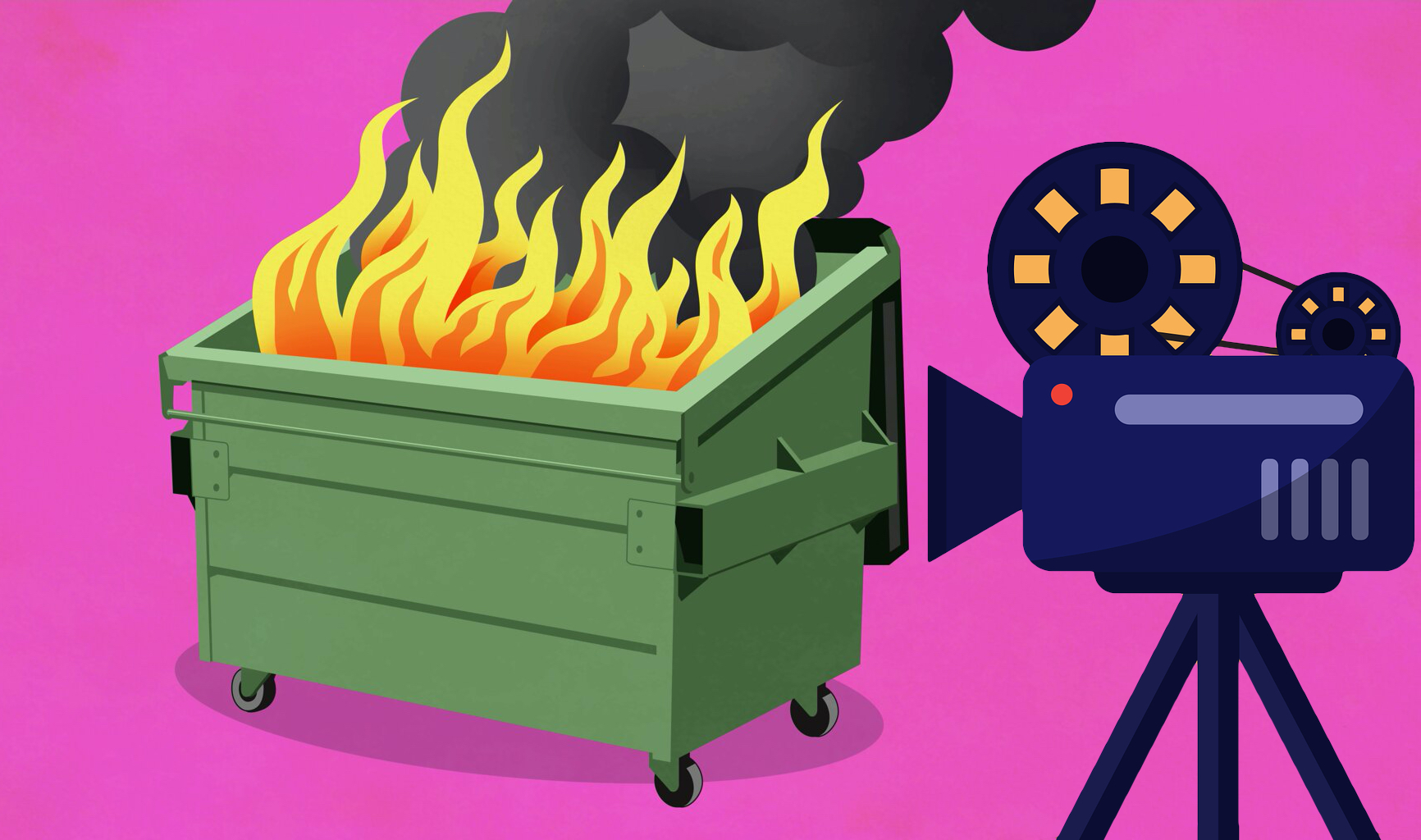 Movie camera and flaming dumpster