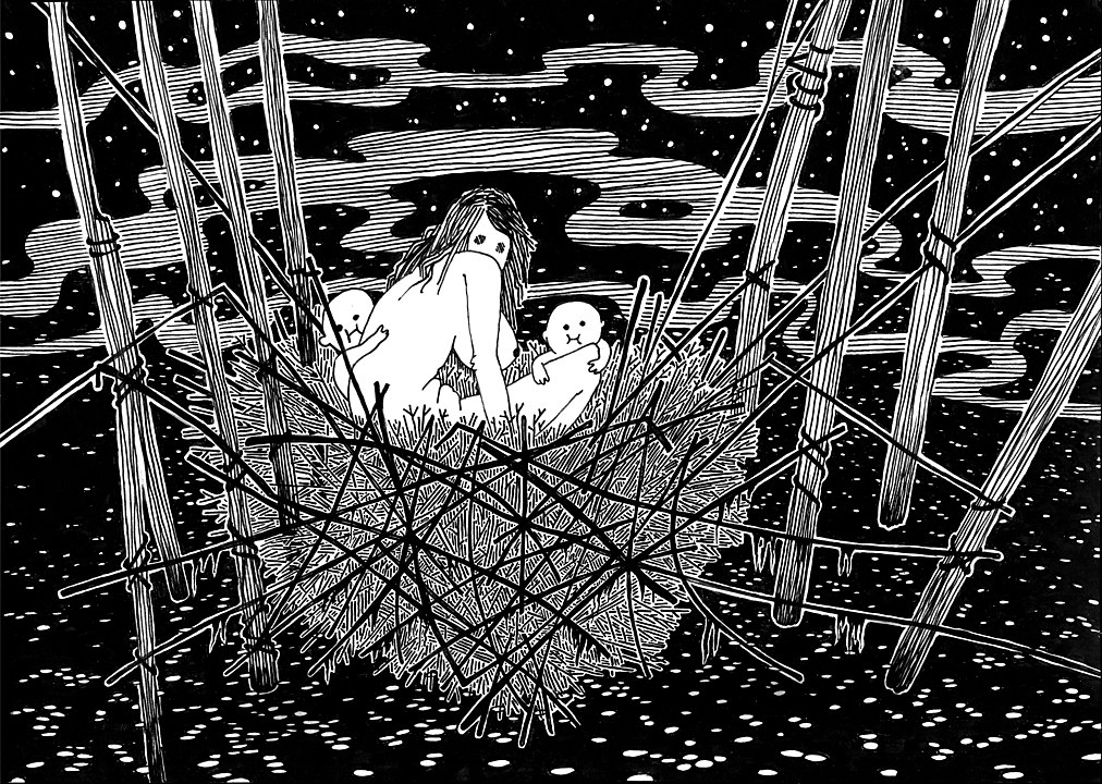 Ink drawing of a woman sitting in a nest with two babies, looking spooky