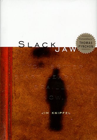 Half white and half brown background with blurry black stain in the shape of a person. Title reads: Slack Jaw by Jim Knipfel. Embedded on the brown section text reads: You better start learning braille now...