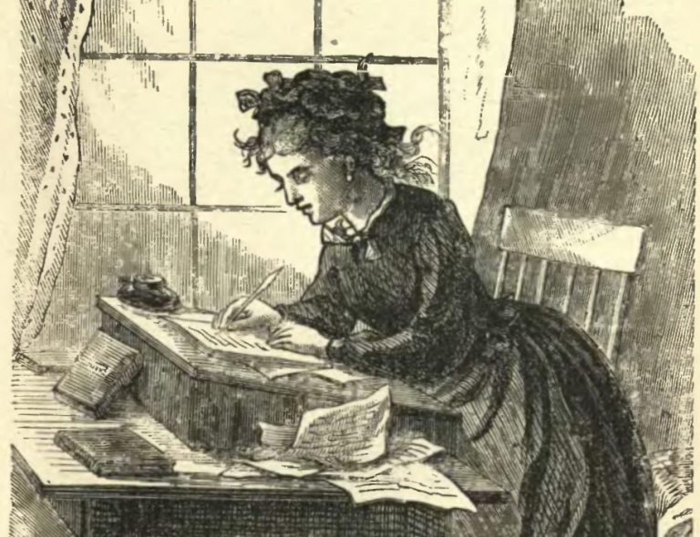 Black and white illustration of a young woman (Jo March) in 19th-century dress, writing with ink and quill on a piece of paper, surrounded by other scraps of paper