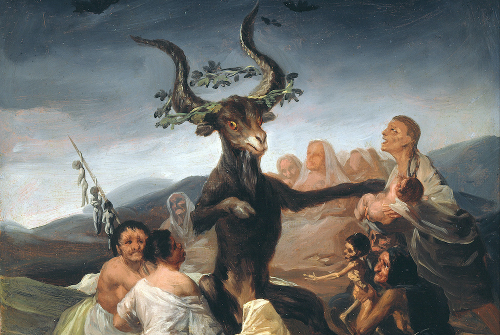Painting showing figures, including one holding up a baby and one holding up a skeleton baby, clustered around a goat with large horns who is sitting like a man
