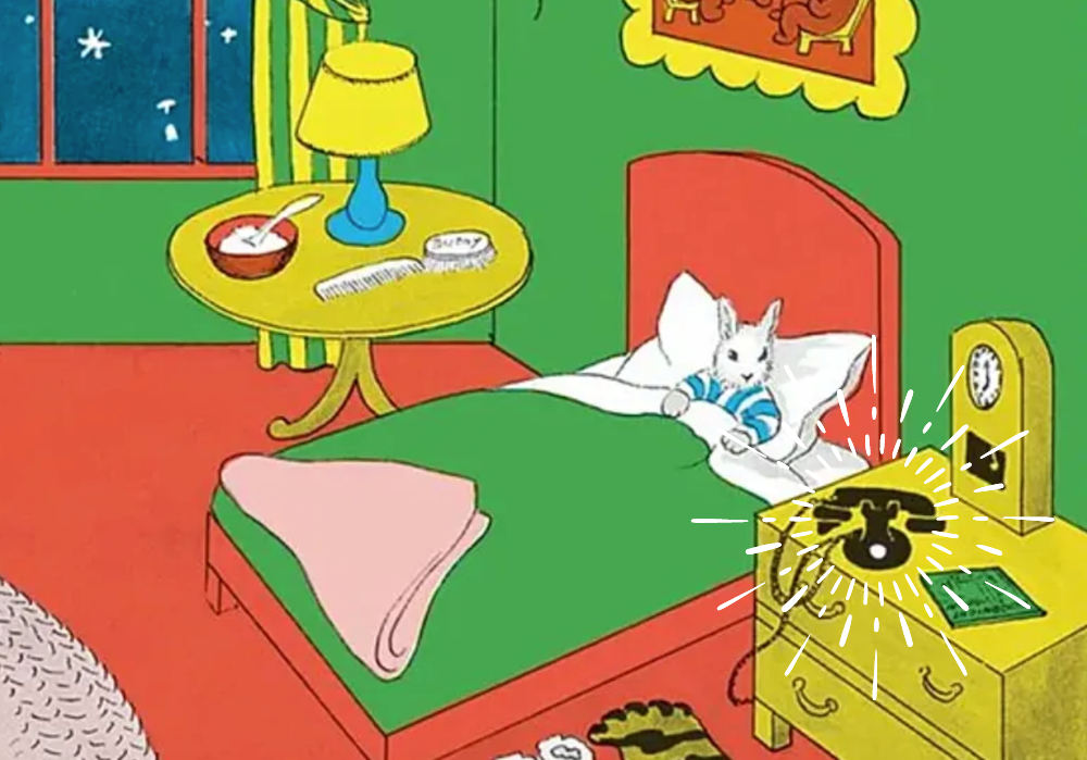 Room from Goodnight Moon with orange bedframe and carpet and green walls and bedspread. There's an anthropomorphized bunny in blue striped pajamas in the bed. The old-fashioned black telephone on the yellow side table is emphasized with a starburst pattern.