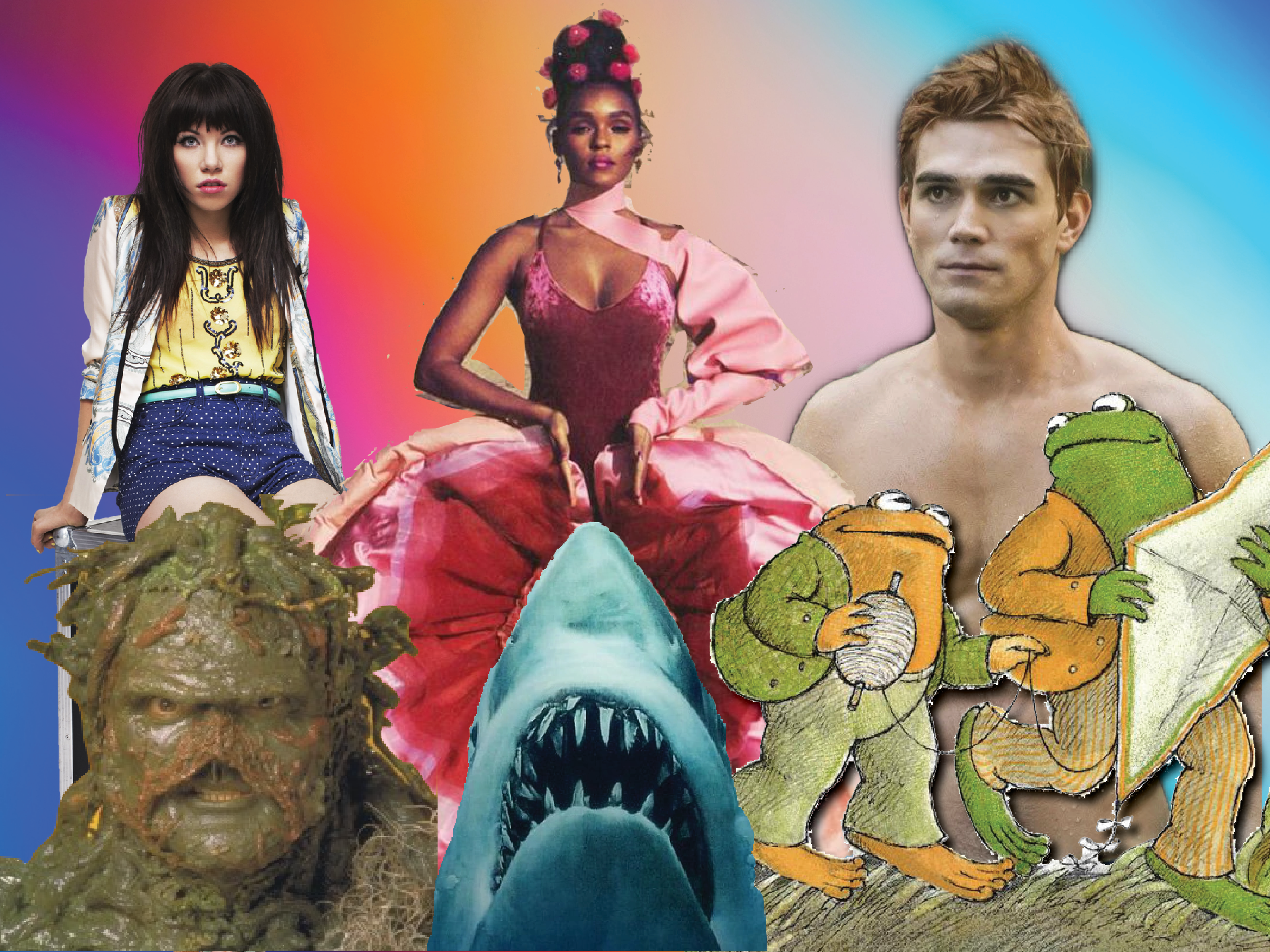 Cut outs of Carly Rae Jepsen, Janelle Monae, KJ Apa, Swamp Thing, Jaws, and Frog and Toad against a rainbow backdrop