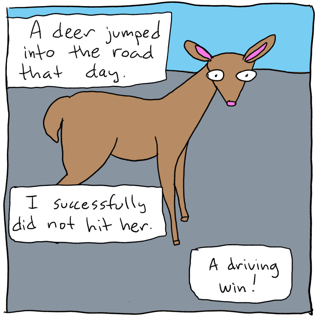 A deer on the road. Text reads: A deer jumped into the road that day. I successfully did not hit her. A driving win!