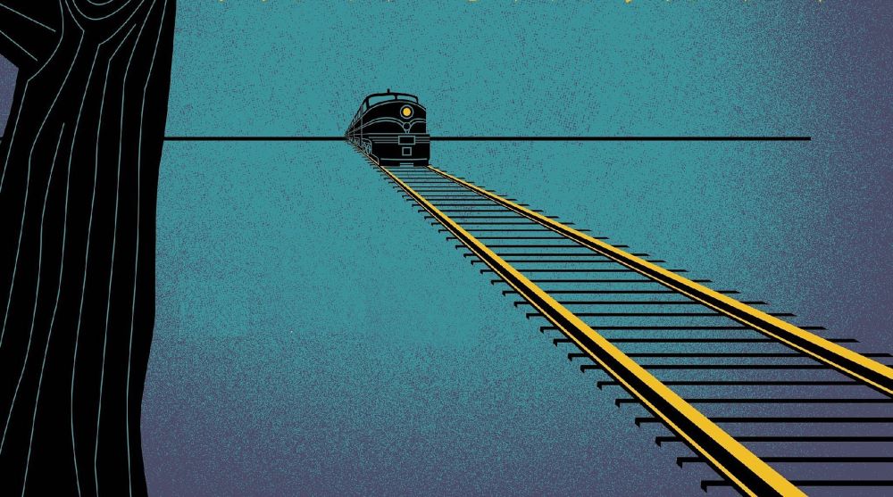 Illustrated train on tracks heads towards the viewer