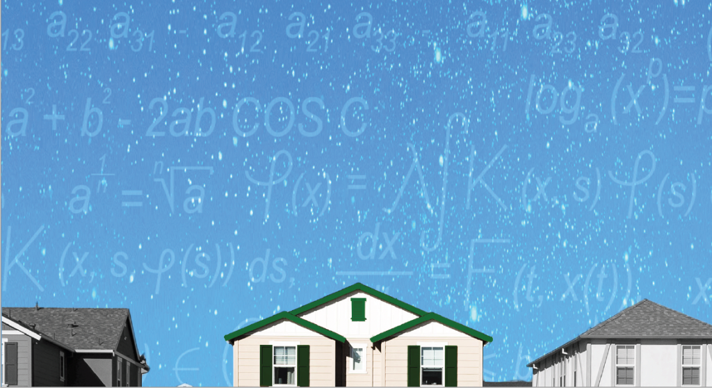 Illustrated houses sit beneath a blue sky full of equations