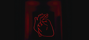A red, minimalist outline of an anatomical heart.