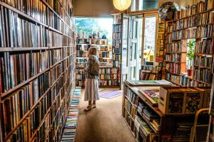 A woman peruses a wall of books inside a small bookshop.