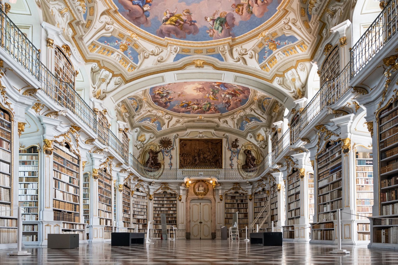 The spacious hallway of the Admont Abbey Library in Admont, Austria.