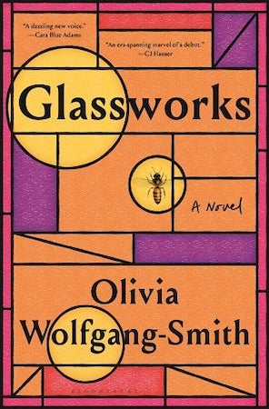 A book cover with orange and purple patterns of stained glass in the background