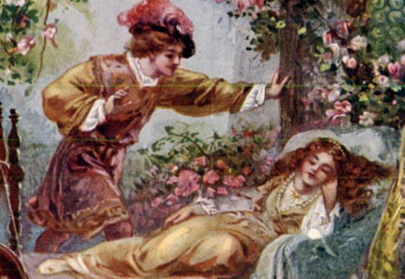 A scene from "Sleeping Beauty," a prince in a feathered hat approaches a sleeping girl in a gold gown.