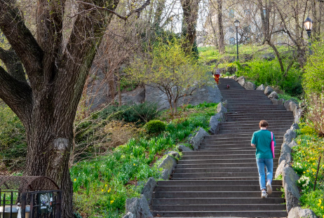 A woman walking up a set of stairs in Morningside Park
