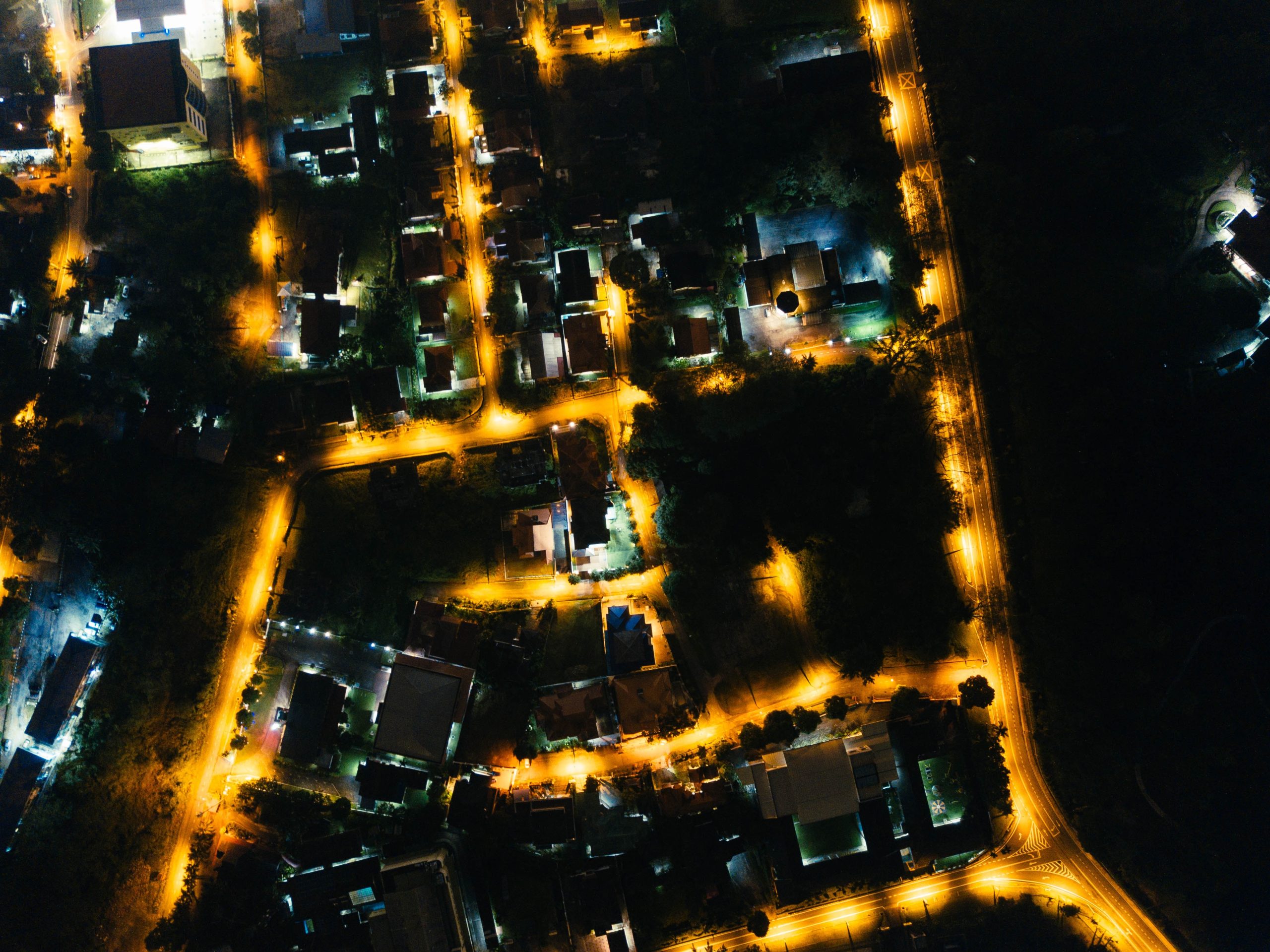A suburban neighborhood at night