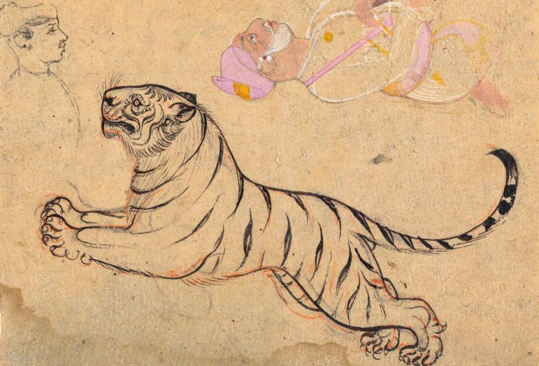 Ink and watercolor drawings of a tiger and two humans on parchment