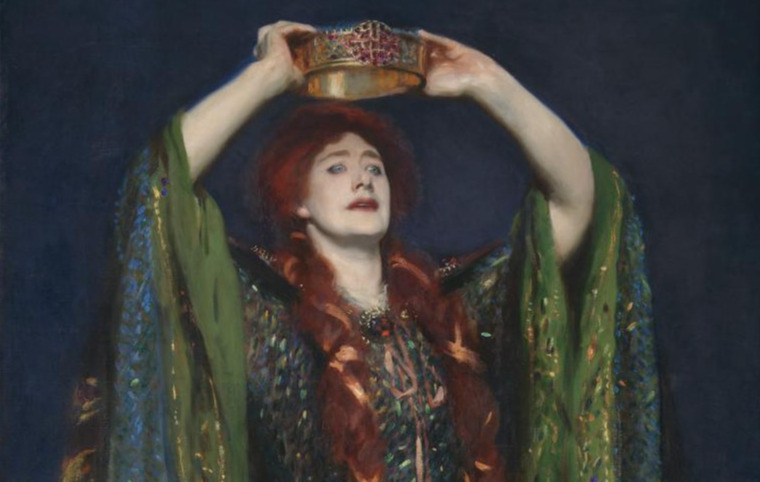 An oil painting of a woman with red hair, Lady Macbeth, holding a crown over her head
