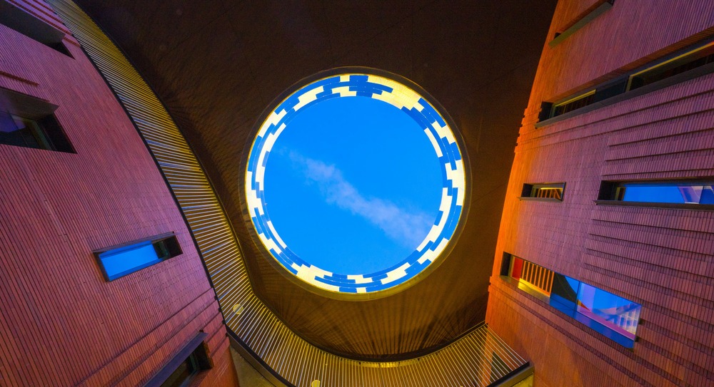 A view of the blue sky through the skylight in ASU's business college